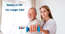 Skinny or Fit for Longer Life? Picture of an elderly caucasian male exercising with dumbbells under supervision of a younger caucasian female physical therapist.