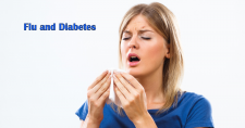 Flu and Diabetes. Picture of a caucasian female with a tissue in her hands looking like she is about to sneeze.