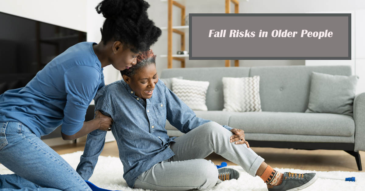 Falls in Older Persons: Risk Factors and Prevention. Picture of a young black female aide, helping an older black female get up after a fall.