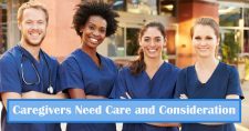 Caregivers Need Care. Picture of 4 young caregivers, one caucasian male, one black female and 2 caucasian females.