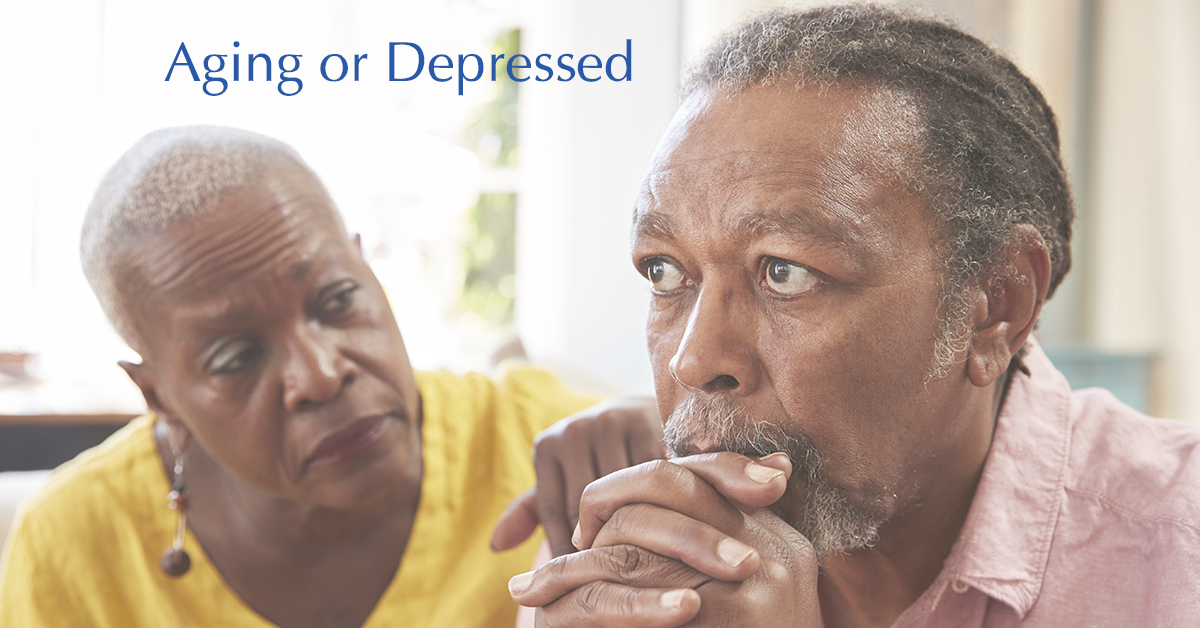 Aging or Depressed. Picture of an older black female and male, the male is staring ahead as if either troubled or depressed.