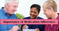 The Importance of Medication Adherence for Senior Health and Well-being. Picture of an older caucasian male and female with a young black female nurse going over their medication.