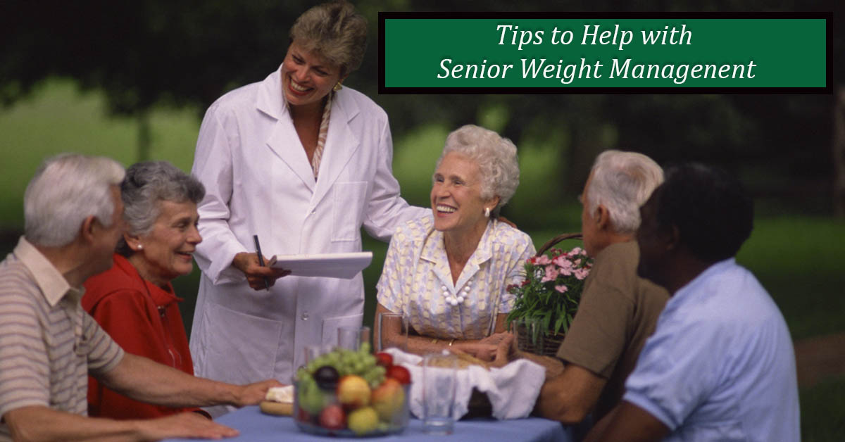 Tips to Help Seniors with Weight Management. Picture of a dietician nurse talking with 2 caucasian older females, 2 caucasian older males, and 1 black older male.