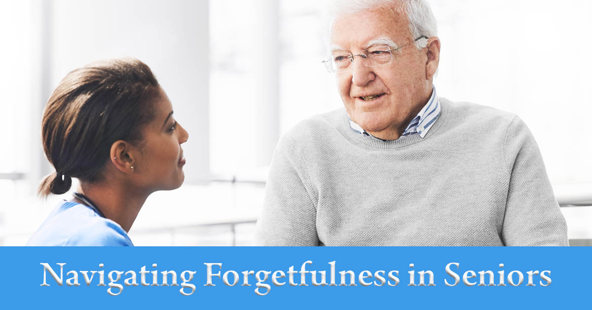 Navigating Forgetfulness in Seniors: Recognizing Signs and Taking Action. Picture of a young black female nursing aide talking with an older caucasian male