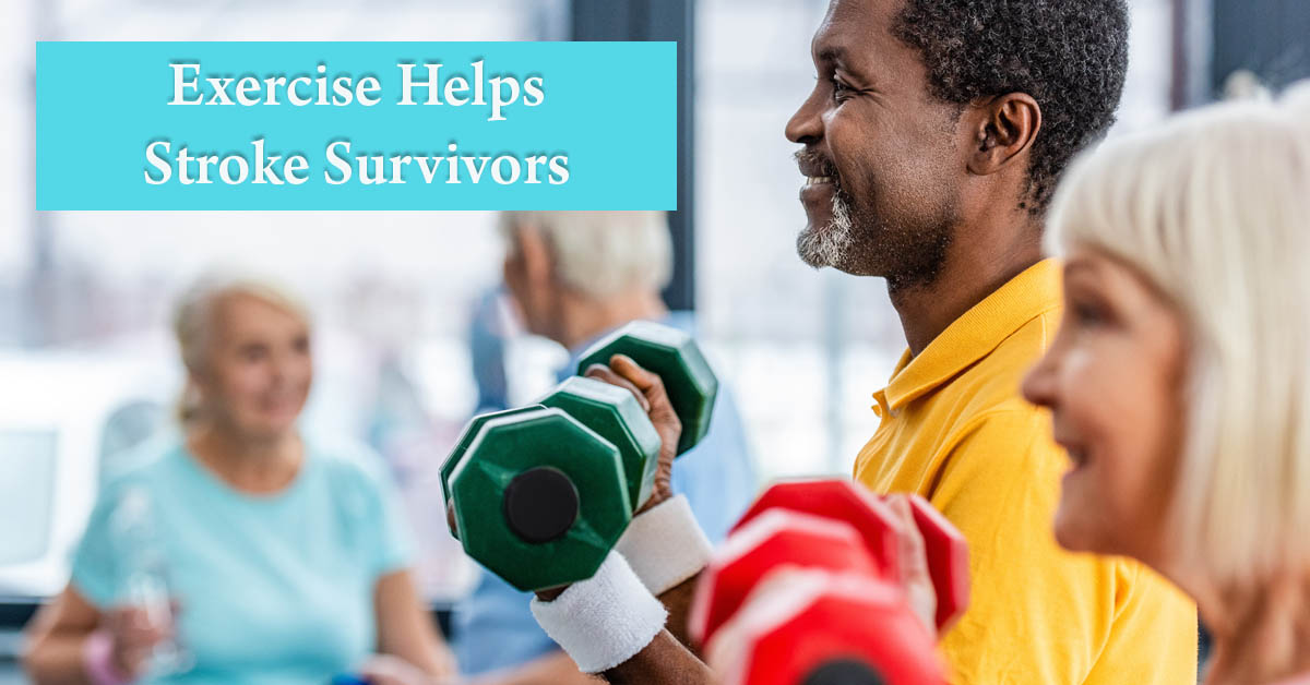 Exercise Programs Help Stroke Survivors Mentally and Physically. Picture of an older black male and 3 older caucasian females working out with light weight dumb bells.
