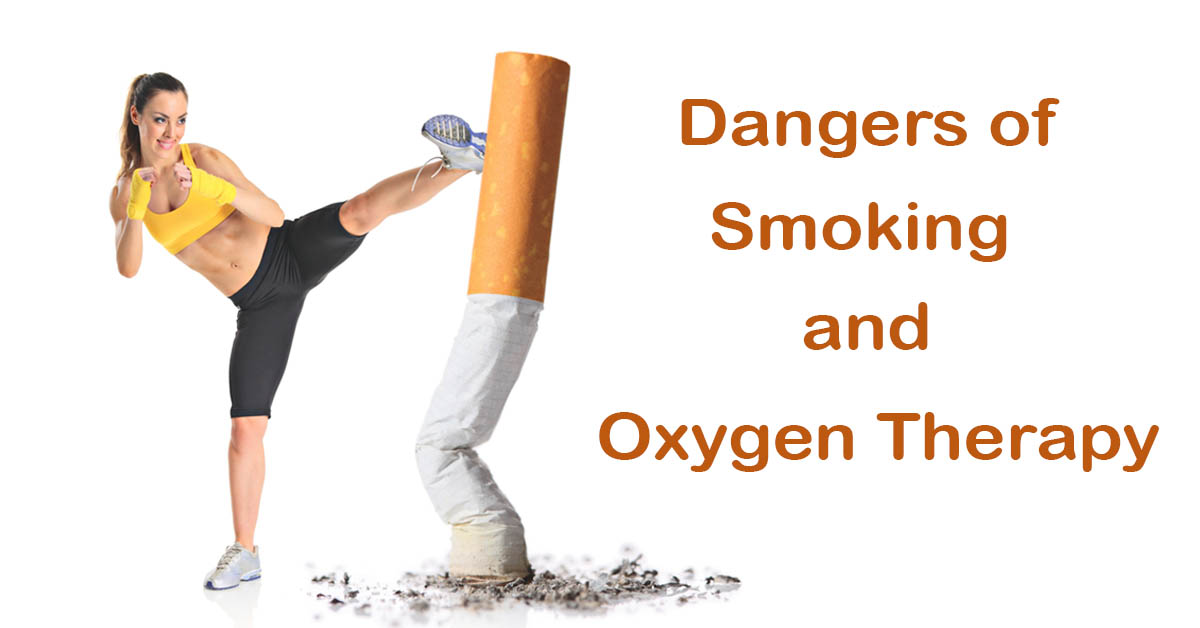 The Perils of Smoking in the Presence of Oxygen Therapy. Picture of a young caucasian female kicking at a large cigarette butt.