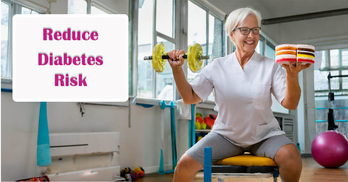 Resistance Training Reduces Risk of Diabetes. Picture of an older caucasian female exercising with a dumbbell in one hand and a cake in the other hand.