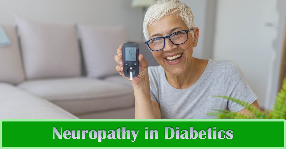 Neuropathy in Diabetics. Picture of an older caucasian female holding a glucometer.