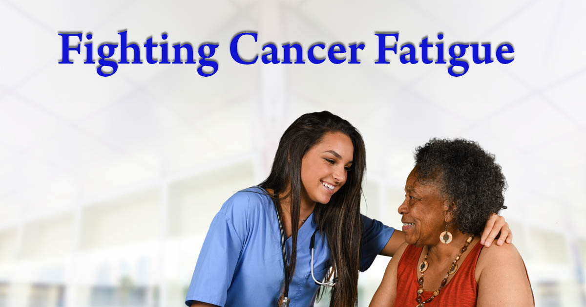Fighting Cancer Fatigue. Picture of a young black home health female nurse assisting an older black female at her home.