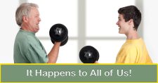 It Happens to All of Us! Picture of an older caucasian man and a young caucasian teenager lifting small barbell weights